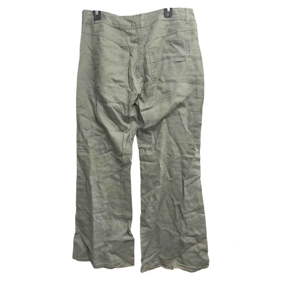 H&M Sage Green 100% Linen Wide Leg Cargo Trousers Utility Boho Size 10
